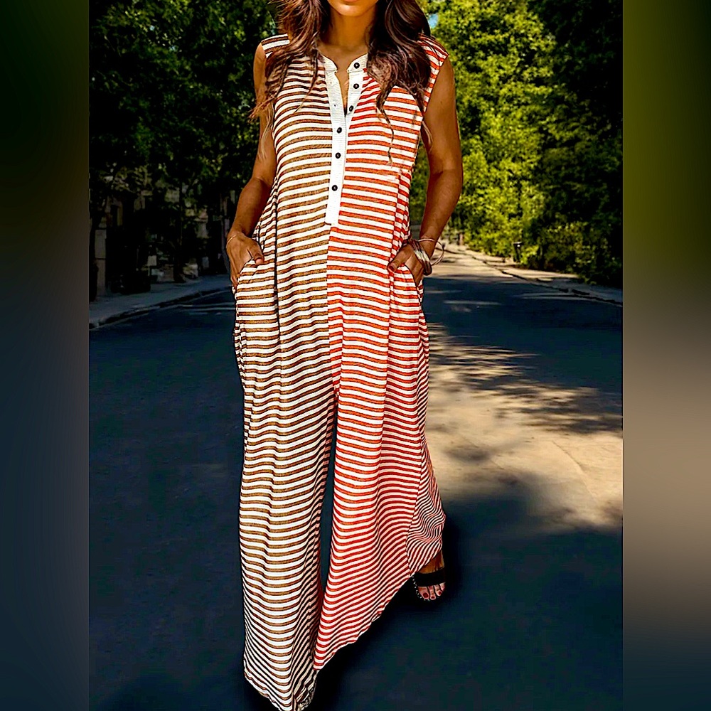 Striped Half Button Cap Sleeve Jumpsuit